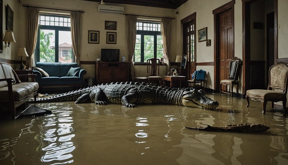 crocodile swims in flood