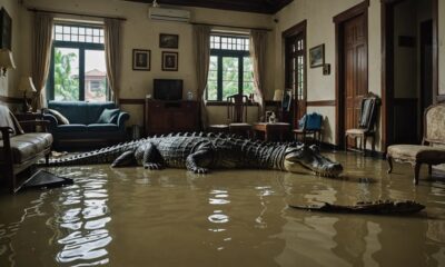 crocodile swims in flood